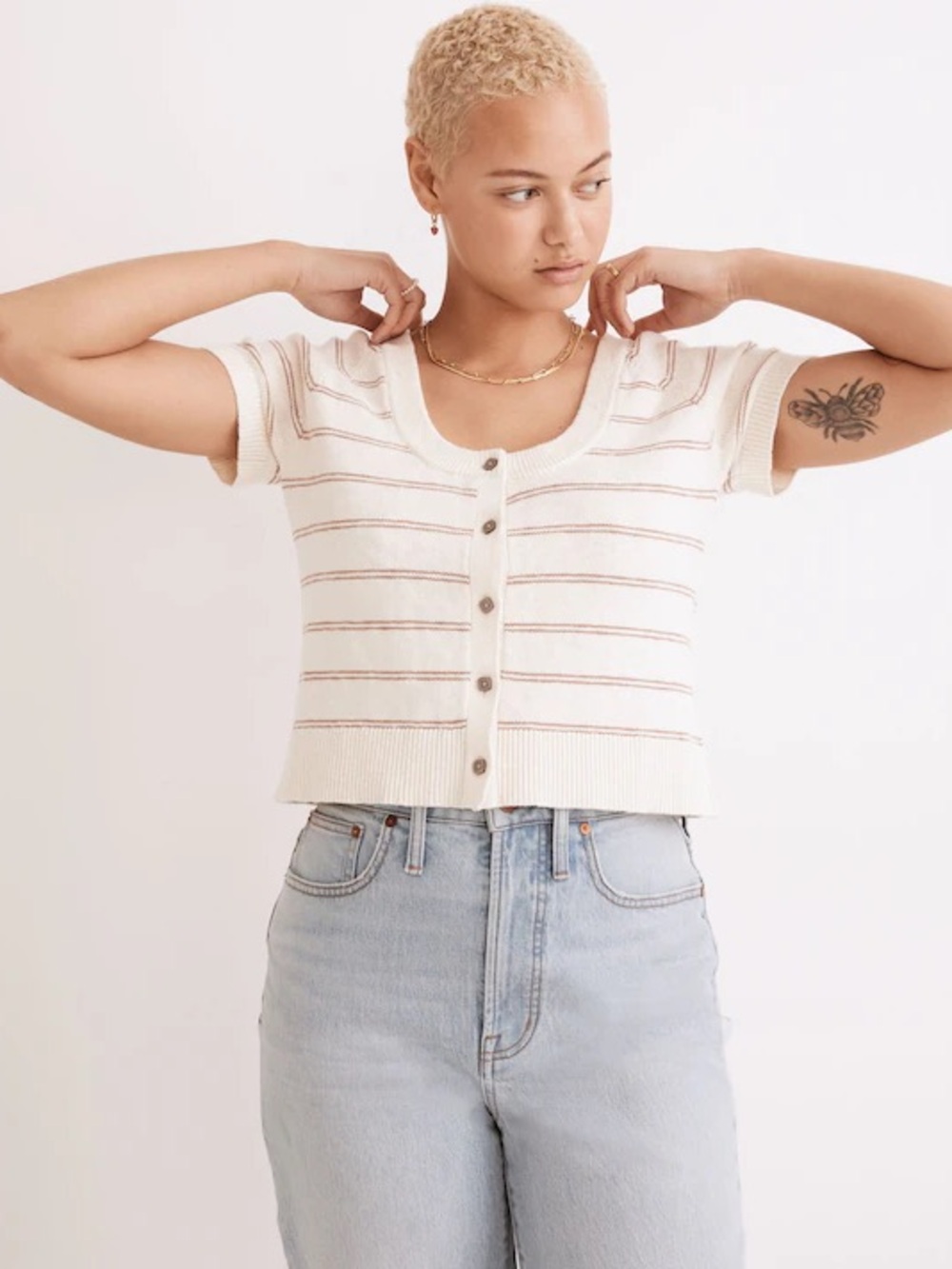 Madewell Cream and Tan Striped Button-Front Linen Knit Top